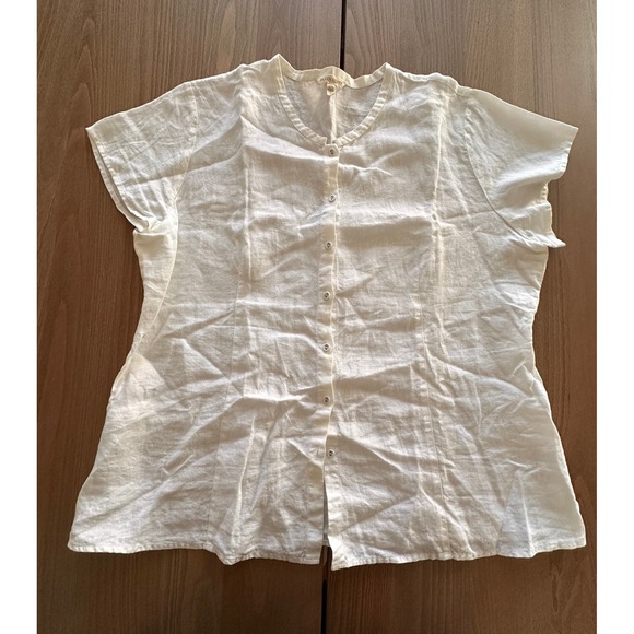 Eileen Fisher Tops - Eileen Fisher Womens XL White 100% Linen Short Sleeve Button Up Blouse Top